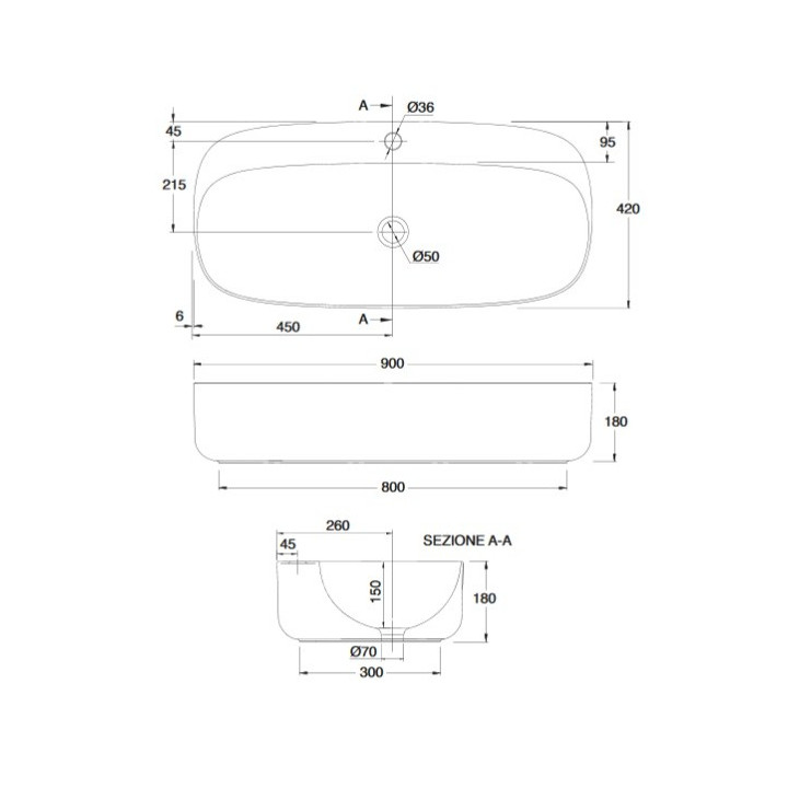 Umywalka nablatowa Scarabeo Moon 70x42cm biała bez przelewu, z otworem na baterie - sanitbuy.pl
