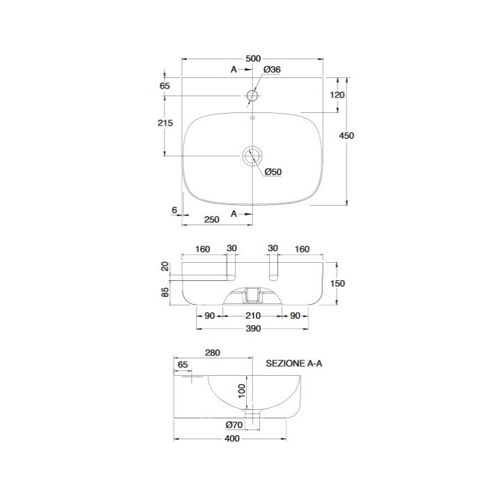 Umywalka nablatowa Scarabeo Moon 90x42cm biała bez przelewu, z otworem na baterie - sanitbuy.pl