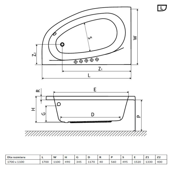 Wanna Excellent Kameleon niesymetryczna 170x110 cm lewa- sanitbuy.pl