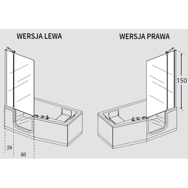 Parawan nawannowy Iris Comby, wysokość 150 cm, wersja prawa, profil chrom, szkło przejrzyste- sanitbuy.pl