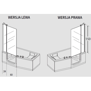 Parawan nawannowy Iris Comby, wysokość 150 cm, wersja prawa, profil chrom, szkło przejrzyste- sanitbuy.pl
