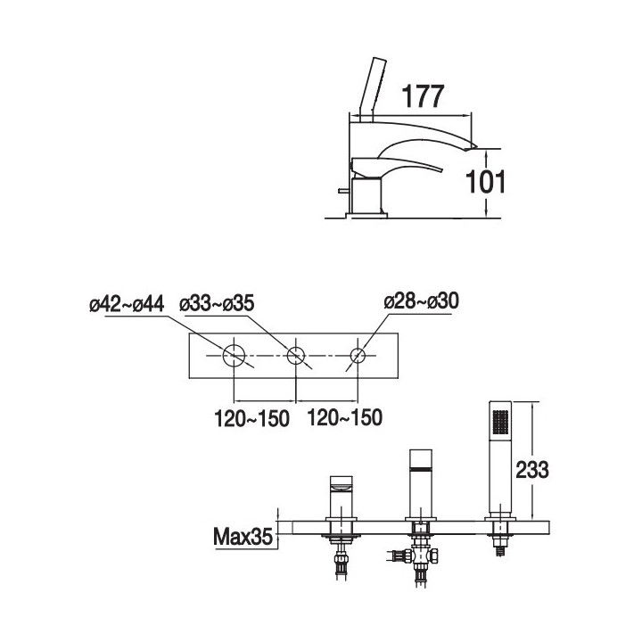Bateria wannowa 3-otworowa Blue Water Liwia chrom - sanitbuy.pl