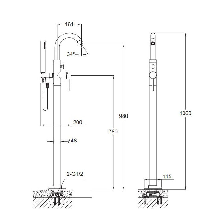 Bateria wannowa Blue Water Denver wolnostojąca, wysokość 106 cm, chrom - sanitbuy.pl