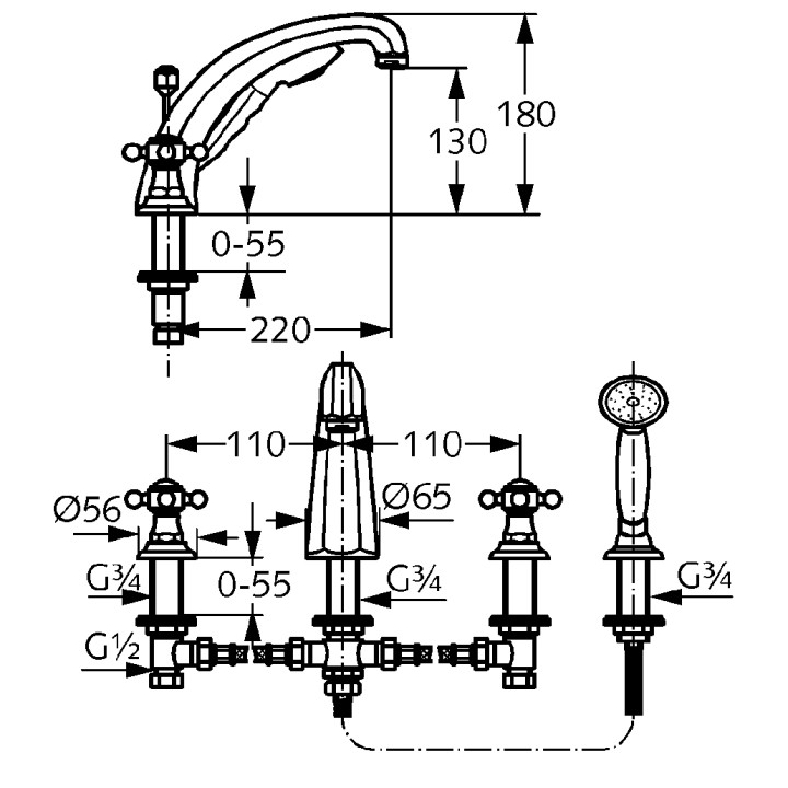 Bateria wannowa czterootworowa z wysoką wylewką Kludi Adlon, chrom- sanitbuy.pl