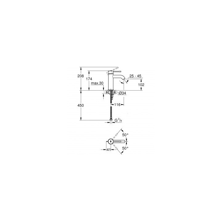Bateria umywalkowa Grohe Essence stojąca, wys. 208 mm, chrom, jednootworowa, kąt obrotu dźwigni: 50°/50°- sanitbuy.pl