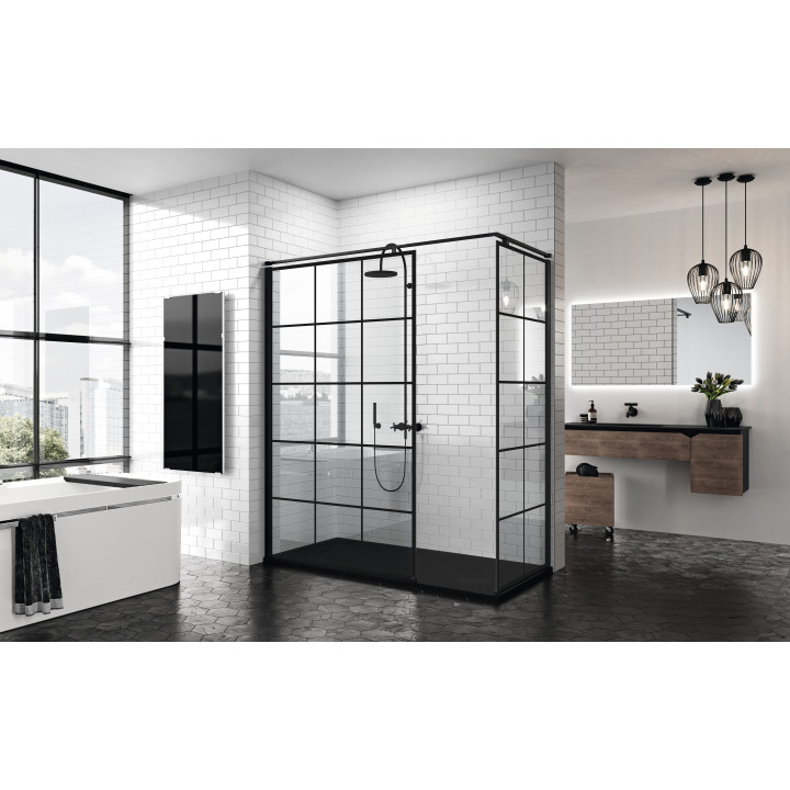 Ścianka boczna - Walk-in Novellini Kuadra H 80 cm, profil czarny, szkło przezroczyste, wzór kwadratowy- sanitbuy.pl