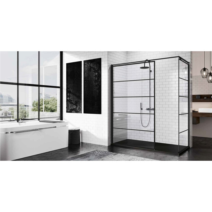 Ścianka boczna - Walk-in Novellini Kuadra H 160 cm, profil czarny, szkło przezroczyste, wzór kwadratowy- sanitbuy.pl