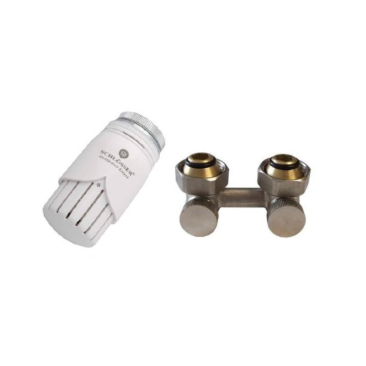 Zestaw armatury grzejnikowej Schlosser figura kątowa (GW 1/2''), z białą głowicą- sanitbuy.pl