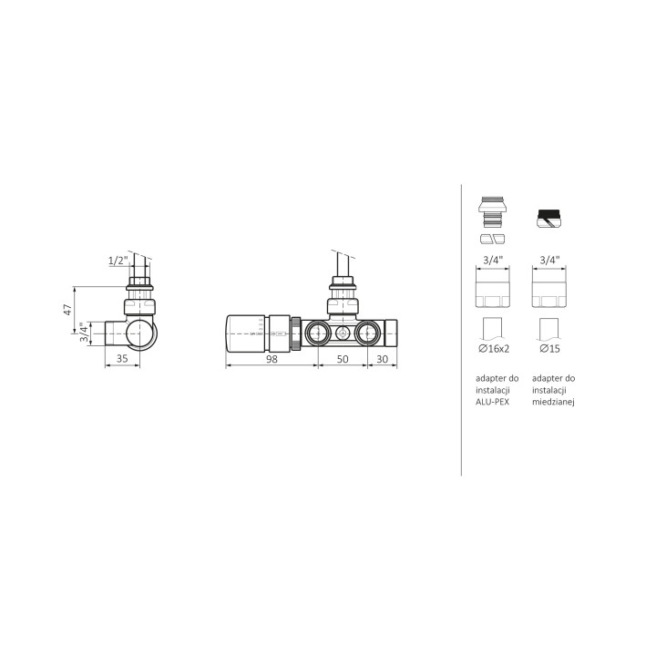 Zawór termostatyczny kątowy z rurką zanurzeniową Terma, Lewy, GZ 3/4' - chrom- sanitbuy.pl