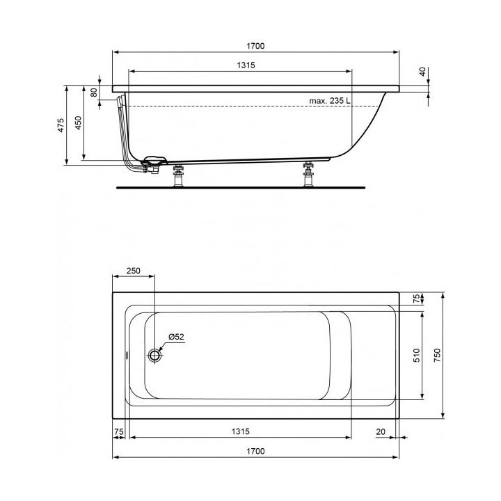 Wanna prostokątna Ideal Standard Connect Air 170x75cm do zabudowy, biała- sanitbuy.pl
