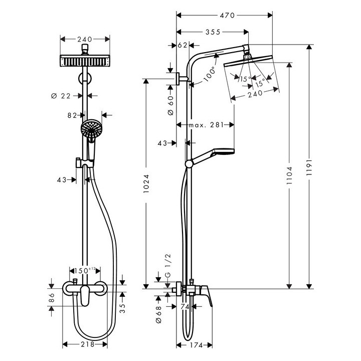 Komplet prysznicowy Hansgrohe Showerpipe Crometta E 240 1jt z baterią jednouchwytową DN15, chrom- sanitbuy.pl