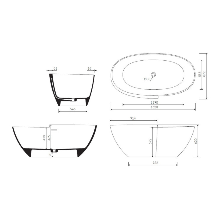 Wanna wolnostojąca Marmorin Zora 1628x872x620 mm ze zintegrowanym przelewem, biała
