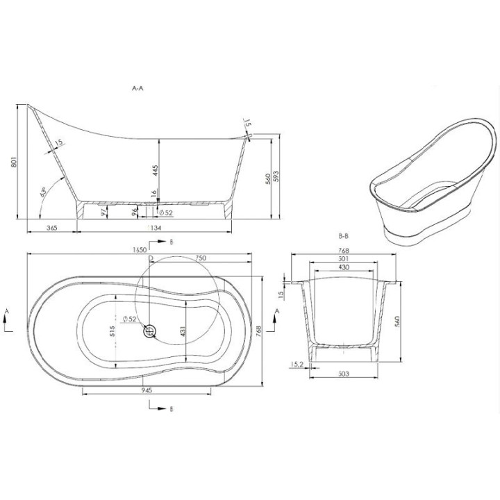 Wanna wolnostojąca, Sanitti Uno, 1645x755x816, bez przelewu, biały