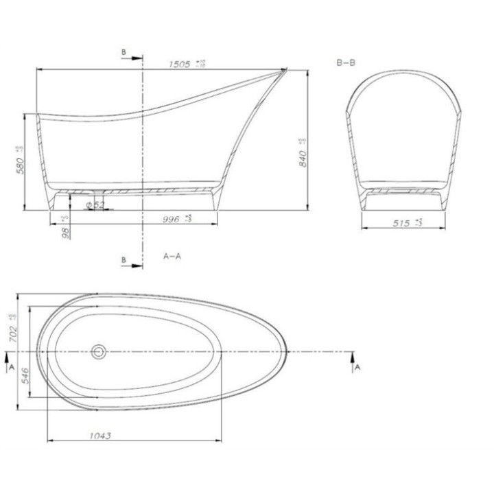 Wanna wolnostojąca, Sanitti CINQUE, 1505x702x840, bez przelewu, biały 
