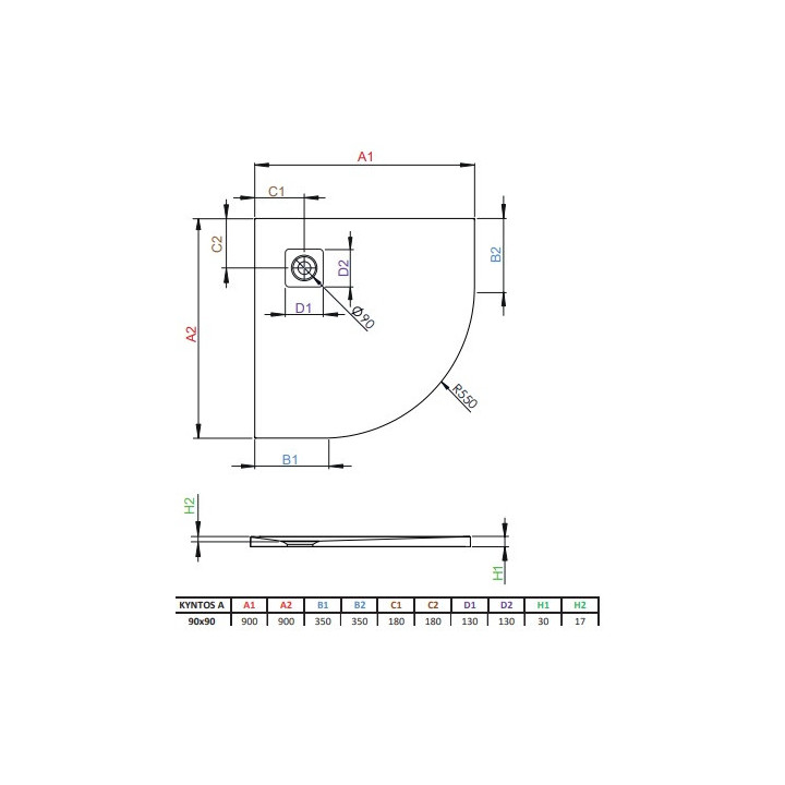 Brodzik Radaway Kyntos A, półokrągły, 90x90, konglomerat, biały