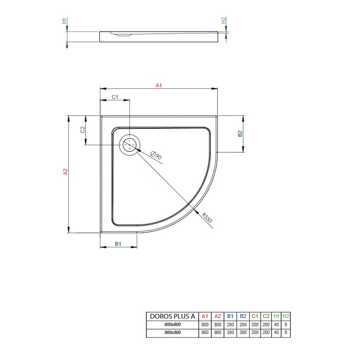 Brodzik półokrągły z wypełnieniem poliuretanowym Radaway DOROS PLUS A 90x90, biały