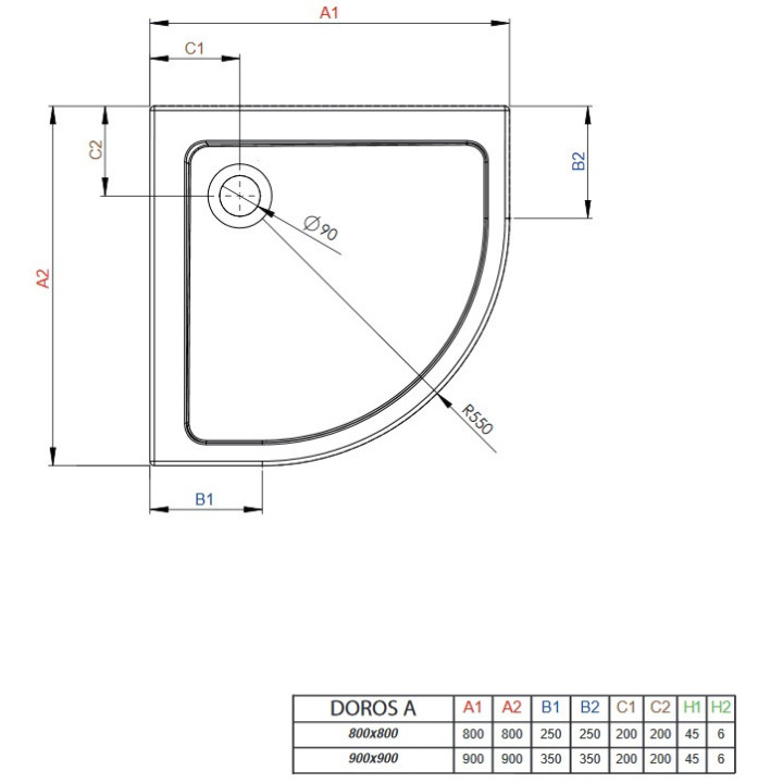 Brodzik akrylowy, półokrągły Radaway DOROS A 80x80, biały