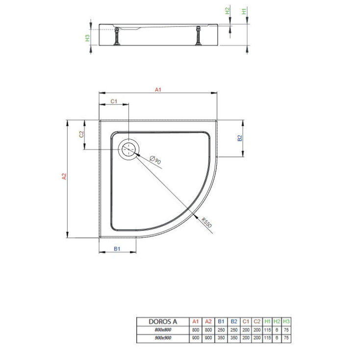 Brodzik akrylowy, półokrągły Radaway DOROS A Compact 80x80, biały