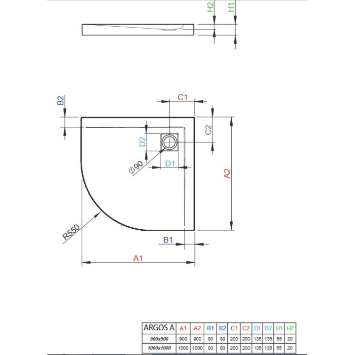 Brodzik akrylowy, półokrągły Radaway Argos A 100x100, biały