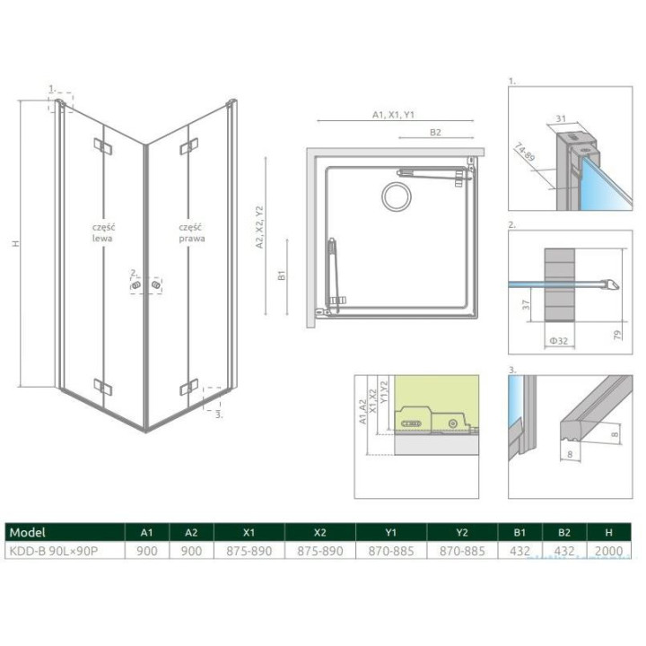 Kabina kwadratowa Essenza New Black KDD 100cm część prawa drzwi wahadłowo-składane, profil czarny szkło przejrzyste