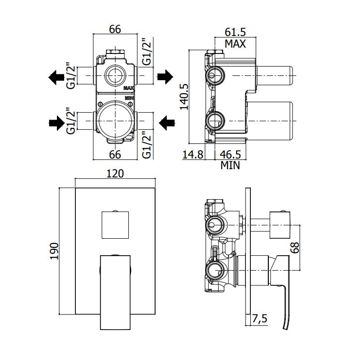 Bateria Paffoni Elle, podtynkowa, 2-drożna z przełącznikiem, chrom