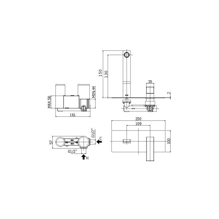Bateria umywalkowa Paffoni Effe, podtynkowa, zespolona, chrom