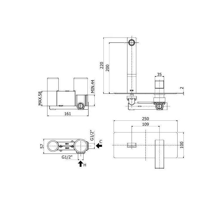 Bateria umywalkowa Paffoni Effe, podtynkowa, zespolona, chrom