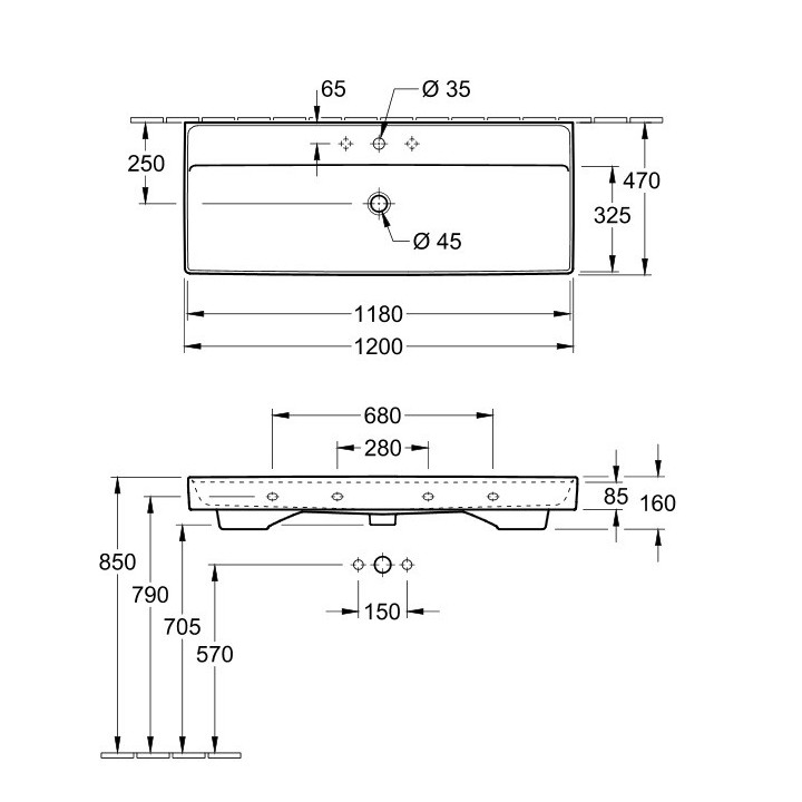 Umywalka meblowa podwójna Villeroy&Boch Collaro, 130x47cm, z przelewem, biała