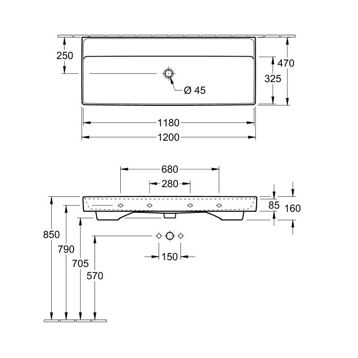 Umywalka meblowa podwójna Villeroy&Boch Collaro, 130x47cm, z przelewem, biała
