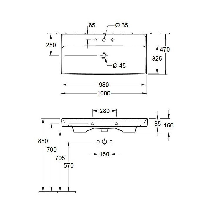 Umywalka meblowa podwójna Villeroy&Boch Collaro, 130x47cm, z przelewem, biała