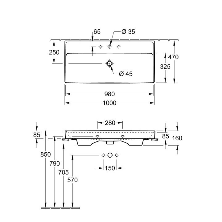 Umywalka meblowa podwójna Villeroy&Boch Collaro, 130x47cm, z przelewem, biała