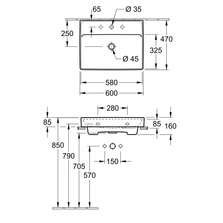 Umywalka meblowa podwójna Villeroy&Boch Collaro, 130x47cm, z przelewem, biała