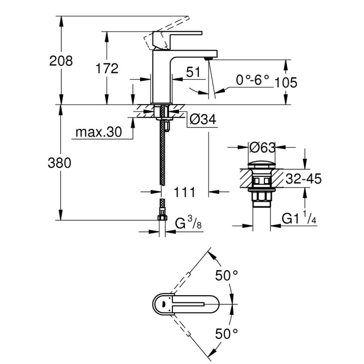 Bateria umywalkowa Grohe Plus, stojaca, 172mm wysokości, chrom