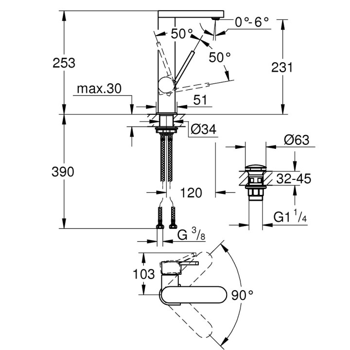 Bateria umywalkowa Grohe Plus, stojąca, DN 15, 190mm wysokości, chrom
