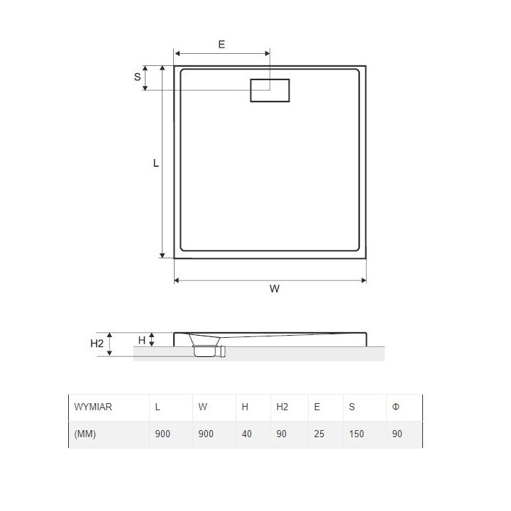 Brodzik kwadratowy Excellent Zero 90x90 cm, akrylowy, niski z klapką, biały 