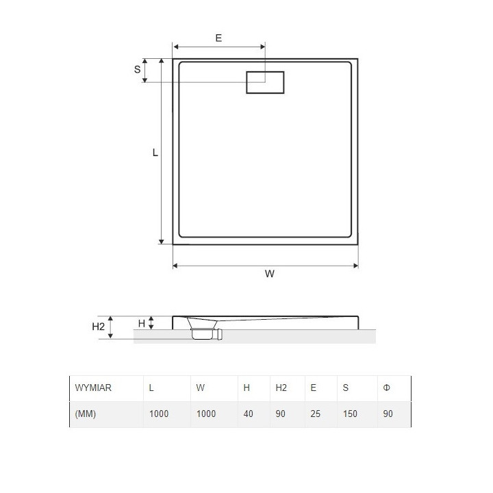 Brodzik kwadratowy Excellent Zero 100x100 cm, akrylowy, niski z klapką, biały 