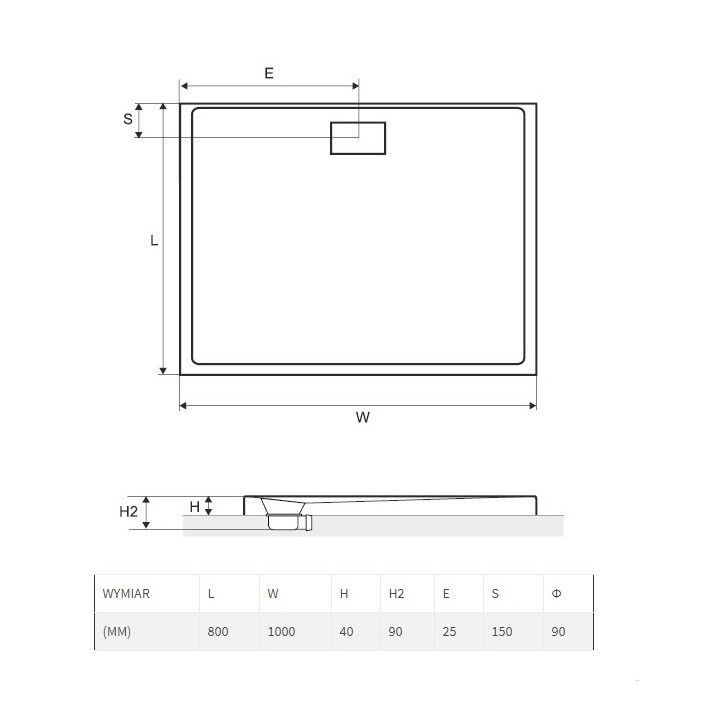 Brodzik prostokątny Excellent Zero 100x80 cm akrylowy niski z klapką, biały