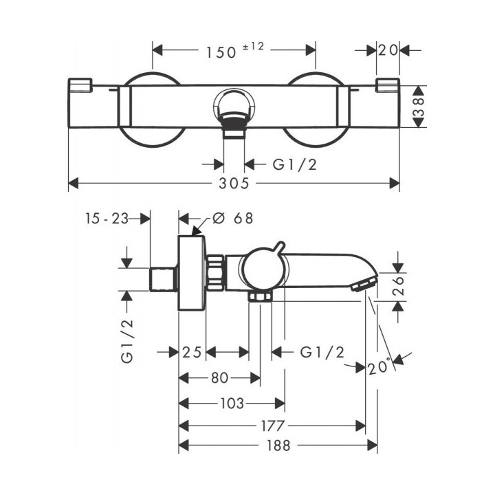 Wannowa bateria termostatyczna Hansgrohe Ecostat Comfort, natynkowa, 2 odbiorniki, czarny mat
