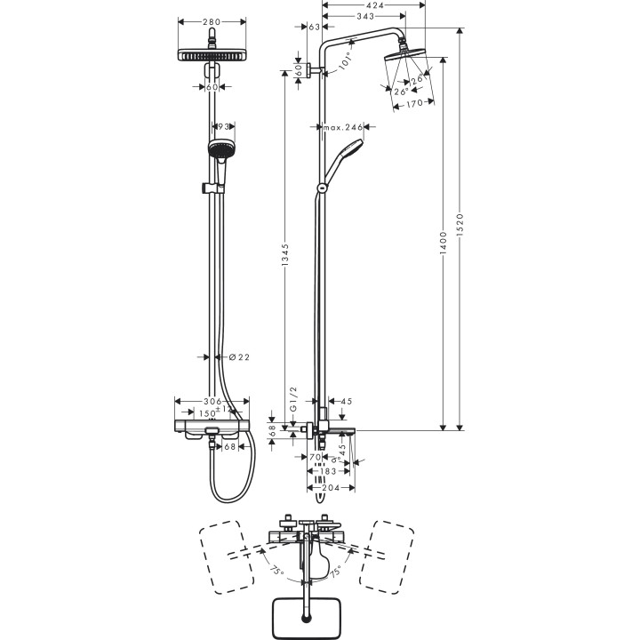Komplet prysznicowy Showerpipe Croma E 280 1jet, bateria termostatyczna, chrom