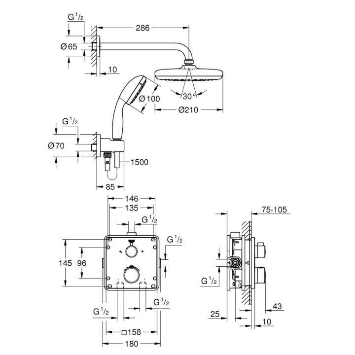 Zestaw prysznicowy Grohe Tempesta 210, podtynkowy, bateria termostatyczna, chrom