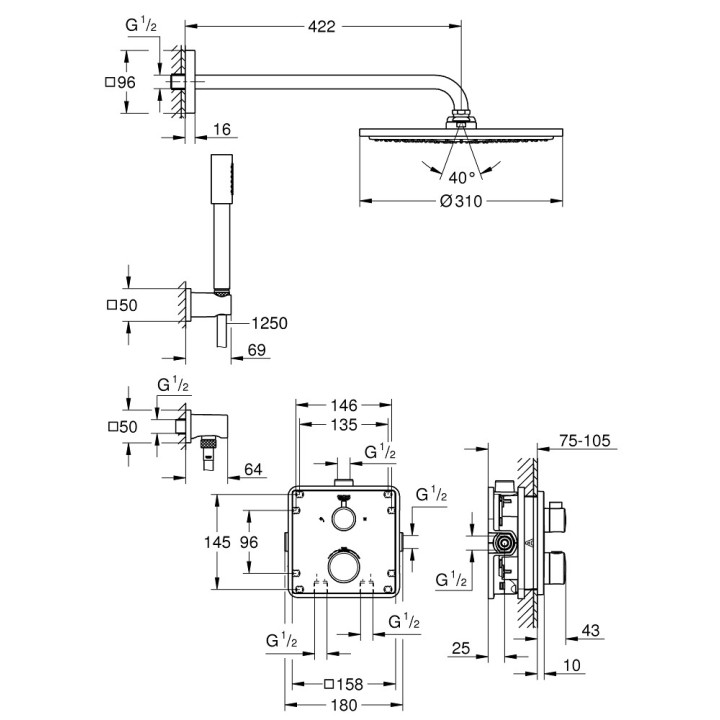 Zestaw prysznicowy Grohe Tempesta 210, podtynkowy, bateria termostatyczna, chrom