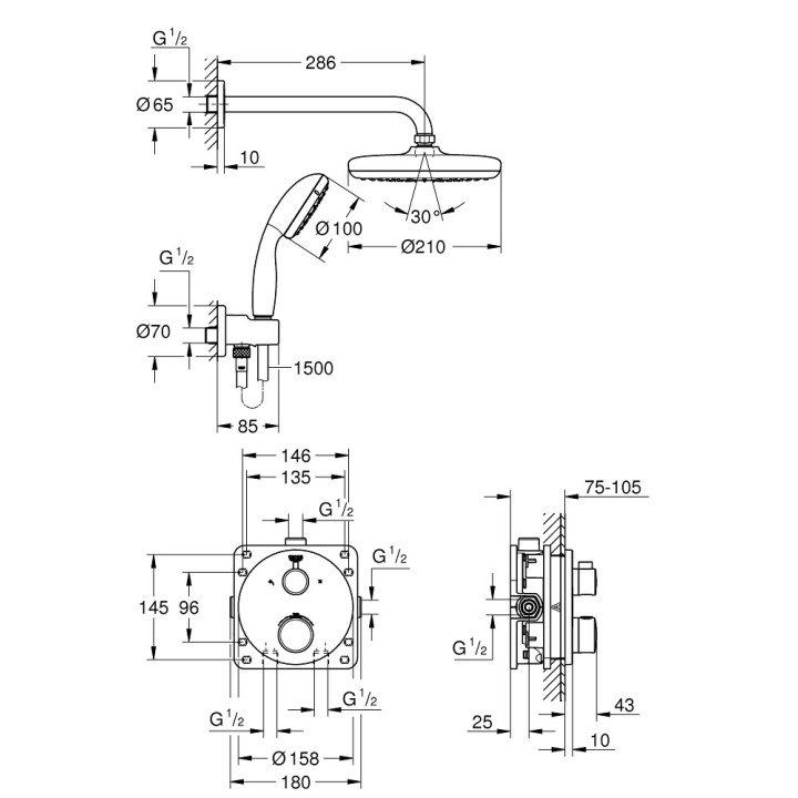 Zestaw prysznicowy Grohe Tempesta 210, podtynkowy, bateria termostatyczna, chrom