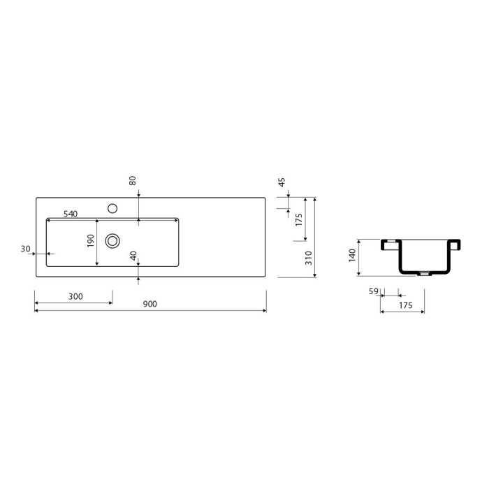 Umywalka lewa meblowa/wpuszczana w blat Marmorin Talia 90 L, 900x310x140 mm blat po prawej stronie biała