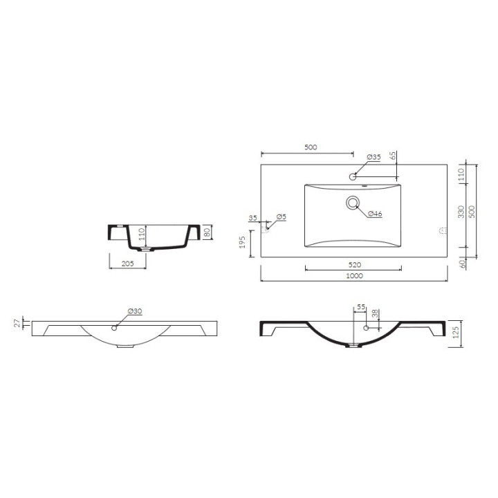 Umywalka meblowa/wpuszczana w blat Marmorin Moira BIS 1000x500x140 mm bez przelewu biała