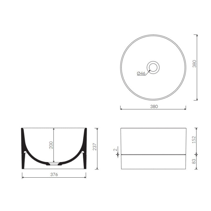 Umywalka wpuszczana w blat Marmorin Duo II 380x380x237 mm z czarnym panelem bez otworu na baterię, bez przelewu biała