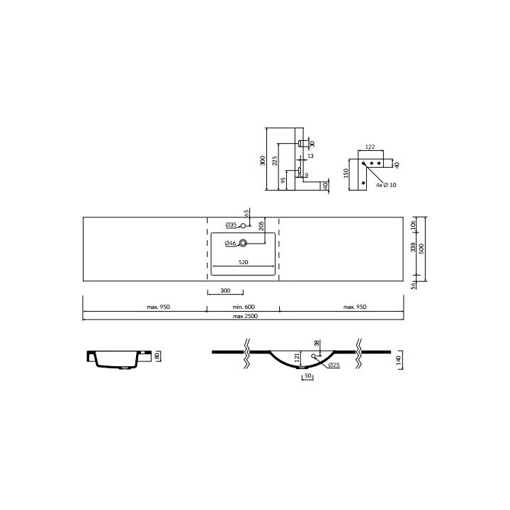 Umywalka meblowa/wisząca/regulowana Marmorin Moira BIS 2500, 600-2500x500x140 mm na wymiar biała 