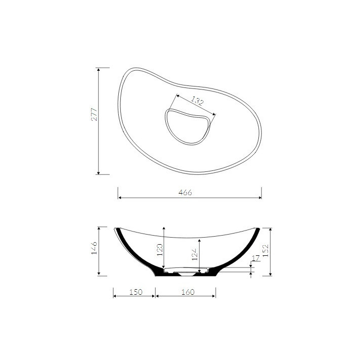 Umywalka nablatowa Marmorin Tallasa, 466x277x152 mm bez otworu na baterię, bez przelewu biała 