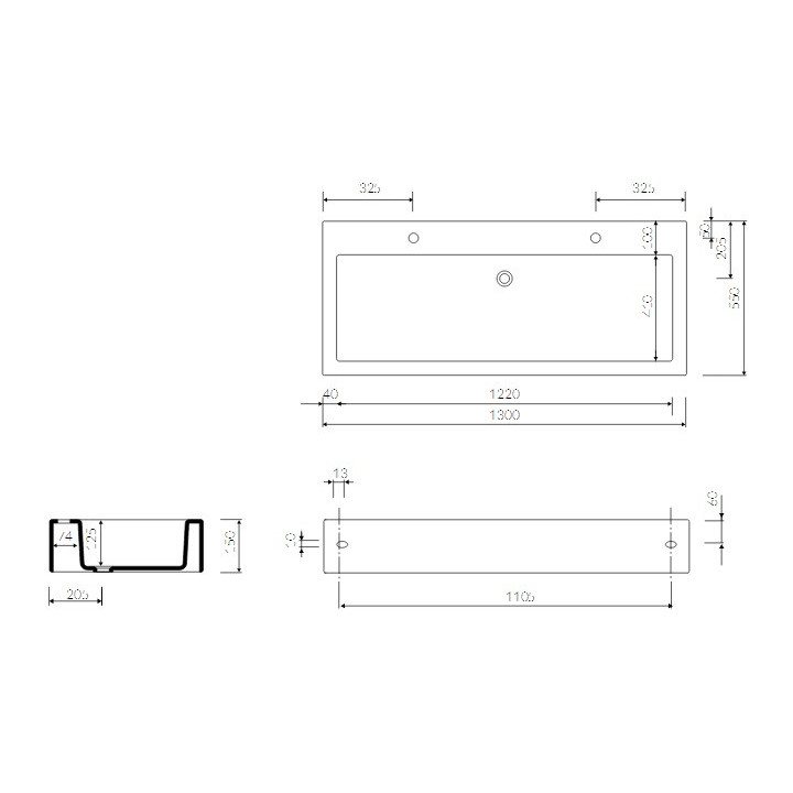 Umywalka meblowa/nablatowa Marmorin Ceto 130, 1300x550x150 mm biała 