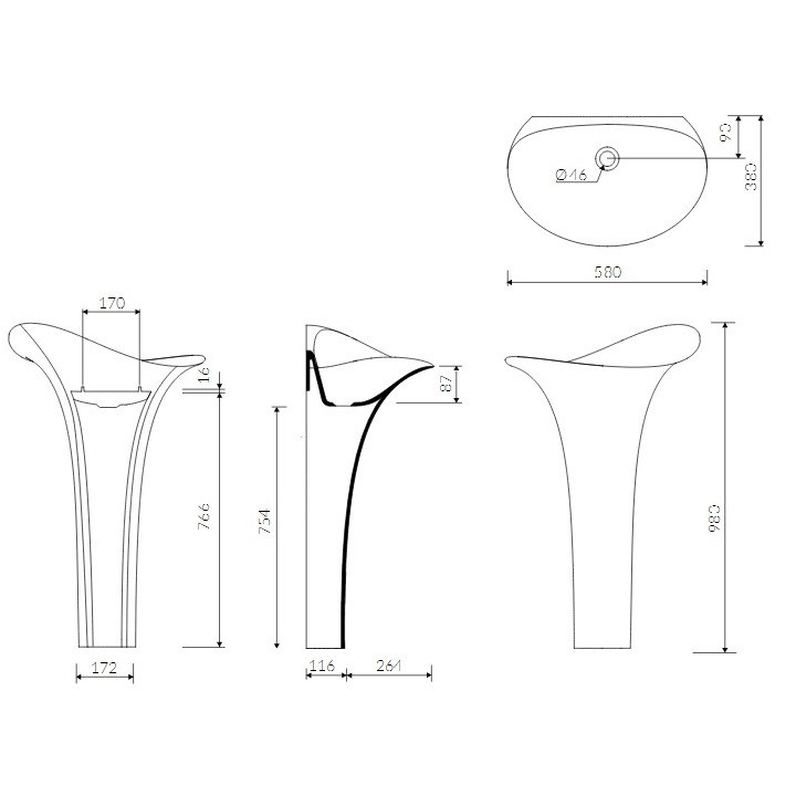 Umywalka Marmorin Alice S, stojąca przyścienna 580x380x980 mm