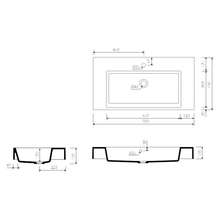 Umywalka Marmorin Teo 90, 90x45 cm,wisząca lub wpuszczana w blat